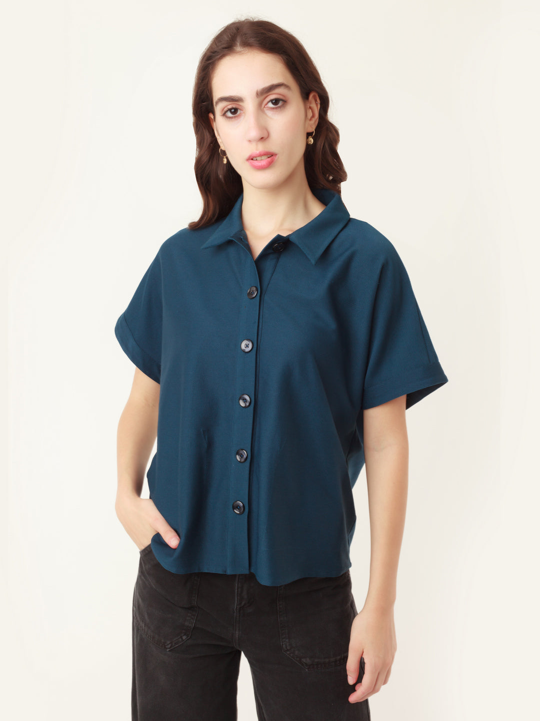 Blue Solid Oversized Shirt