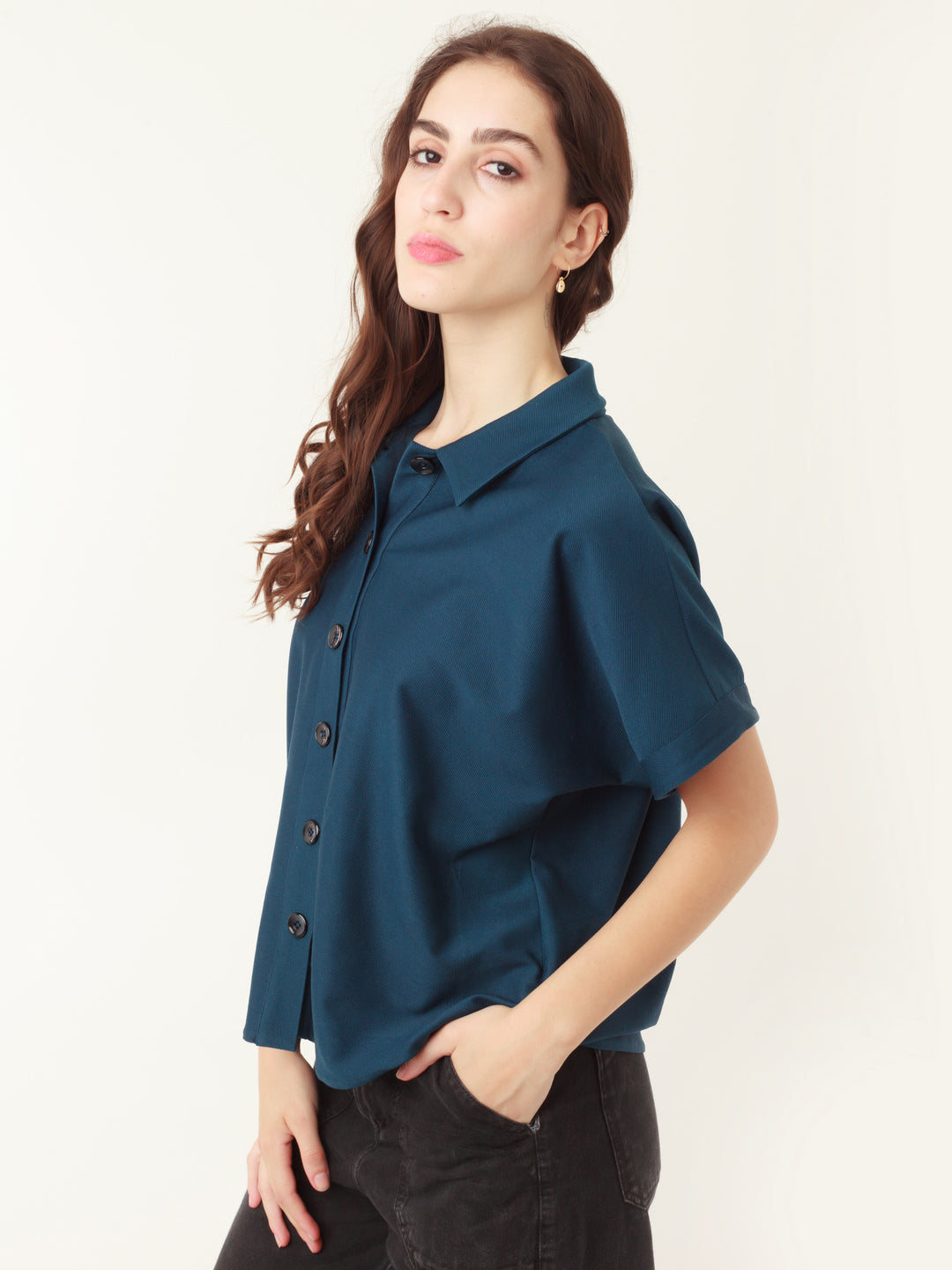 Blue Solid Oversized Shirt For Women