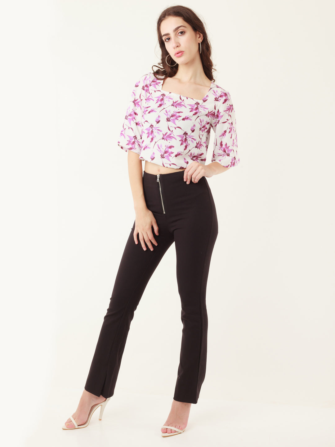 White Tropical Prints Flared Sleeve Top