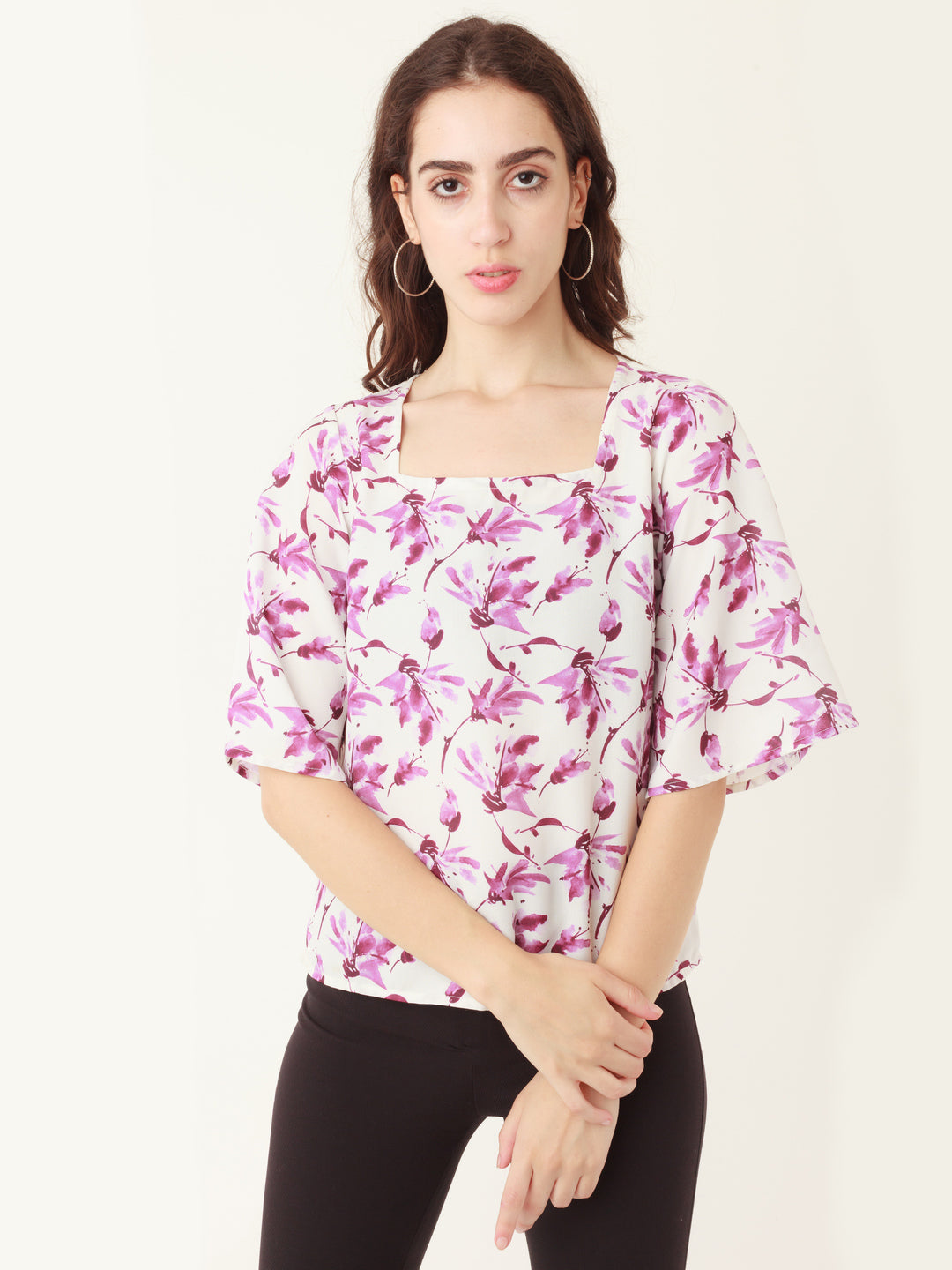 White Tropical Prints Flared Sleeve Top