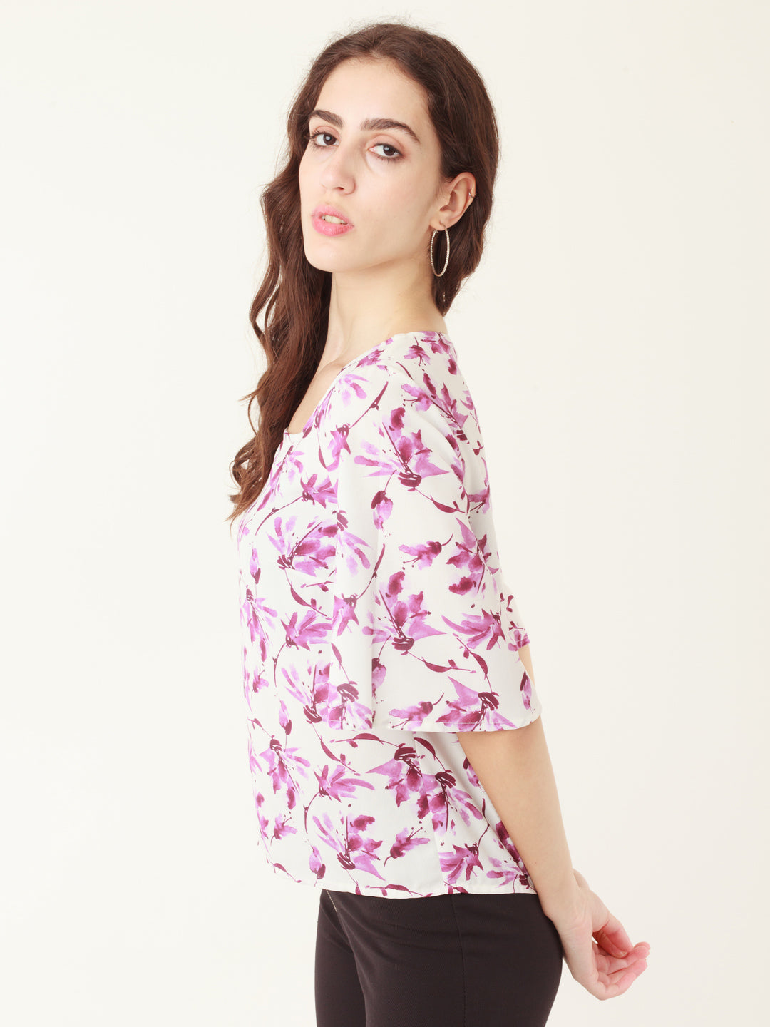 White Tropical Prints Flared Sleeve Top