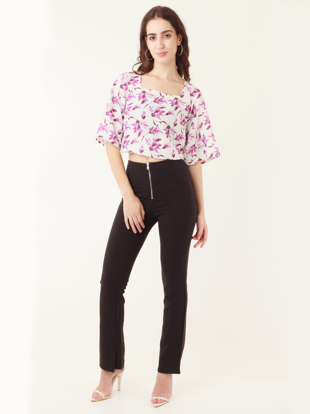 White Tropical Prints Flared Sleeve Top