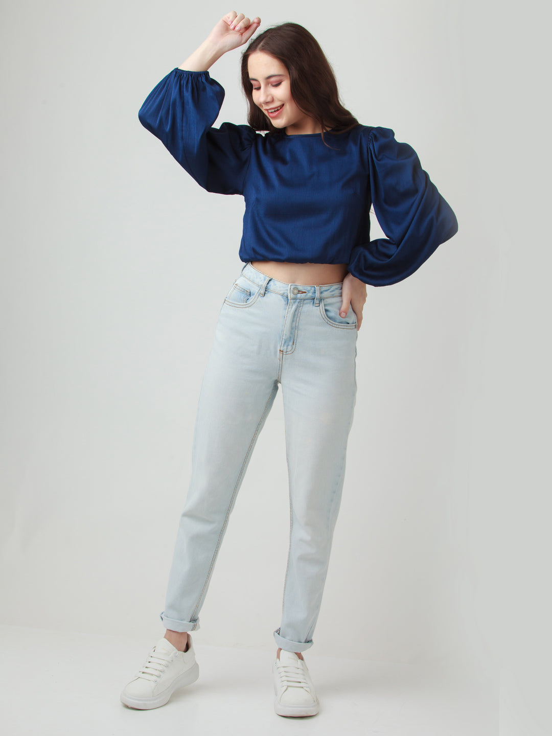 Navy Blue Solid Puff Sleeve Top