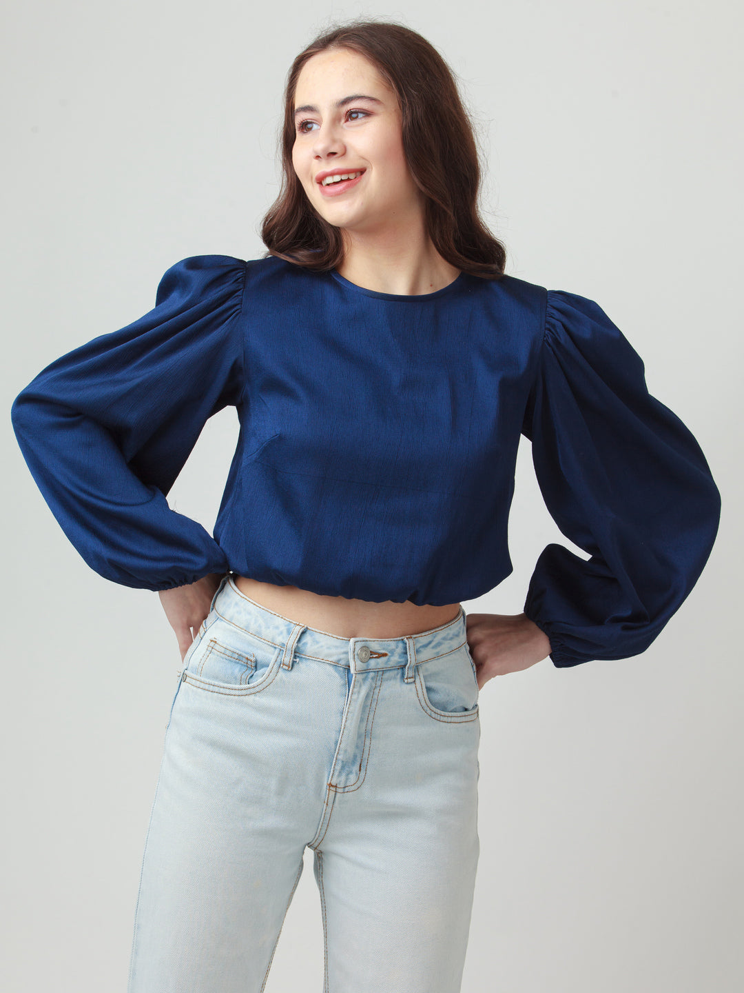 Navy Blue Solid Puff Sleeve Top