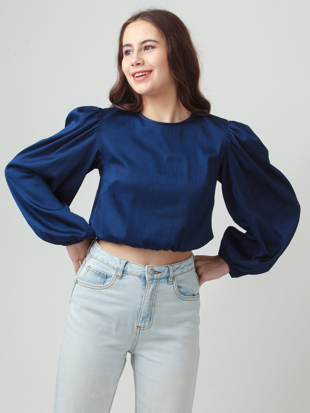 Navy Blue Solid Puff Sleeve Top For Women – Zink London
