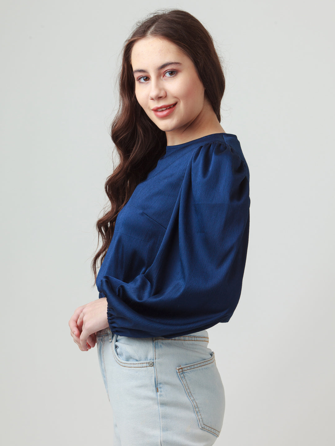 Navy Blue Solid Puff Sleeve Top