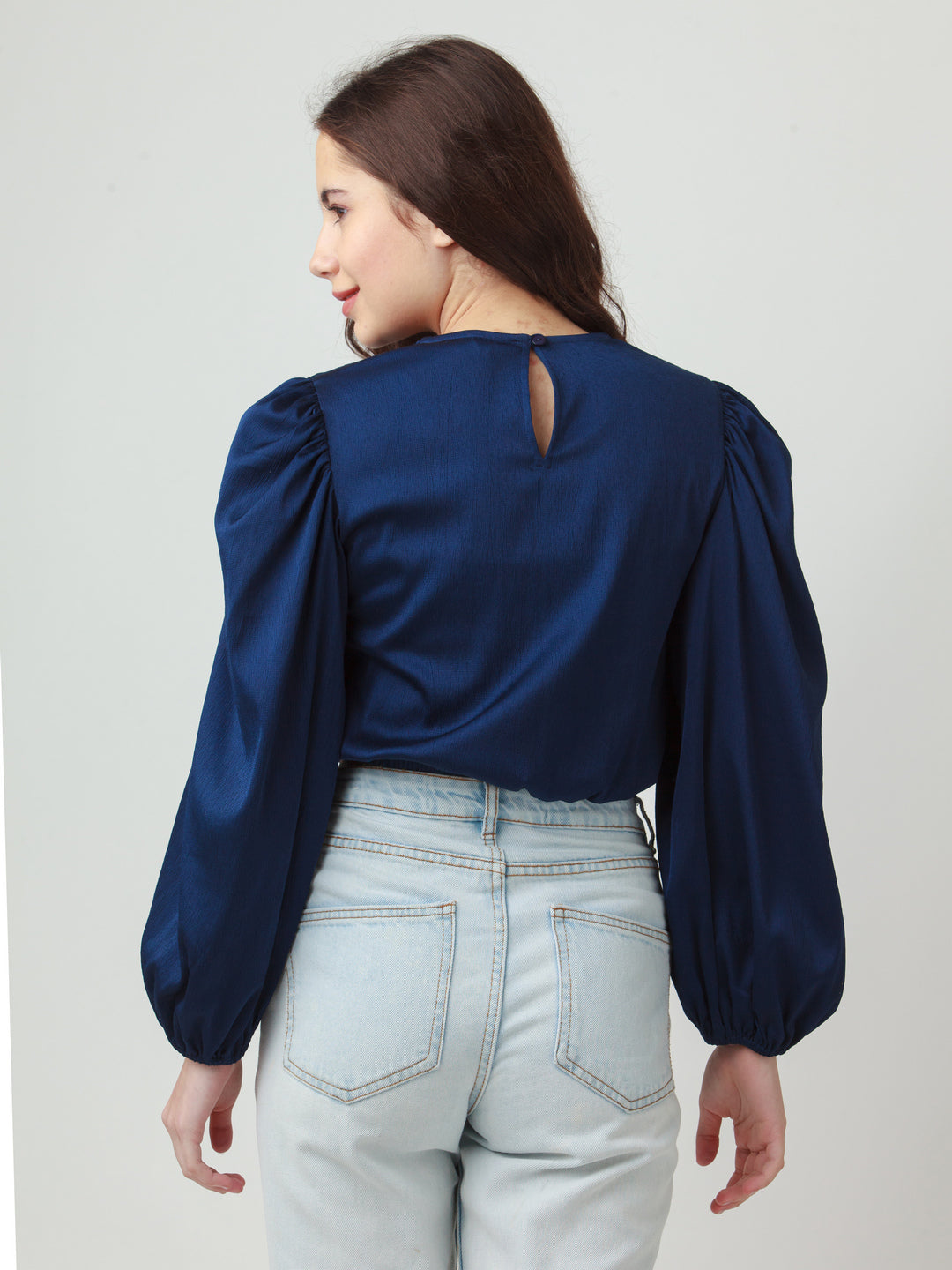 Navy Blue Solid Puff Sleeve Top