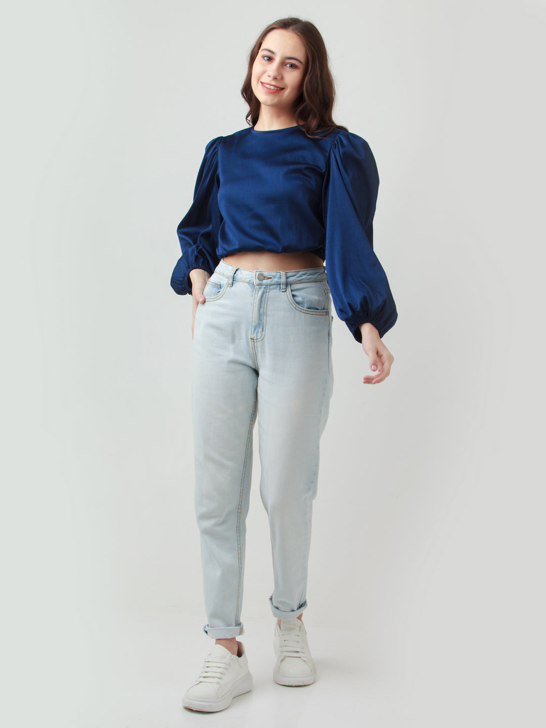 Navy Blue Solid Puff Sleeve Top