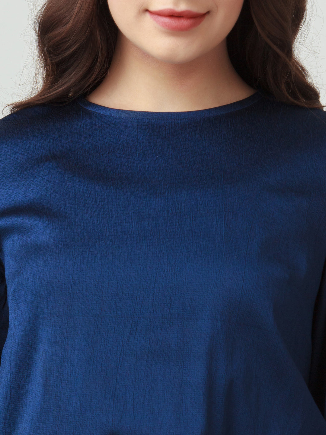 Navy Blue Solid Puff Sleeve Top For Women
