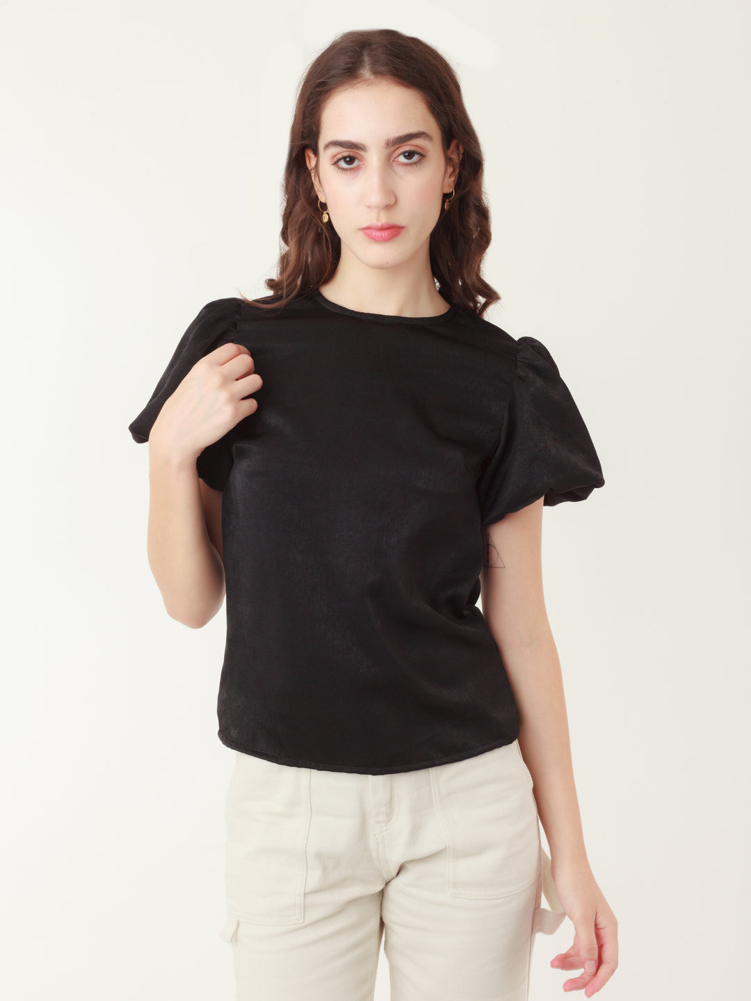 Black Solid Puff Sleeve Top