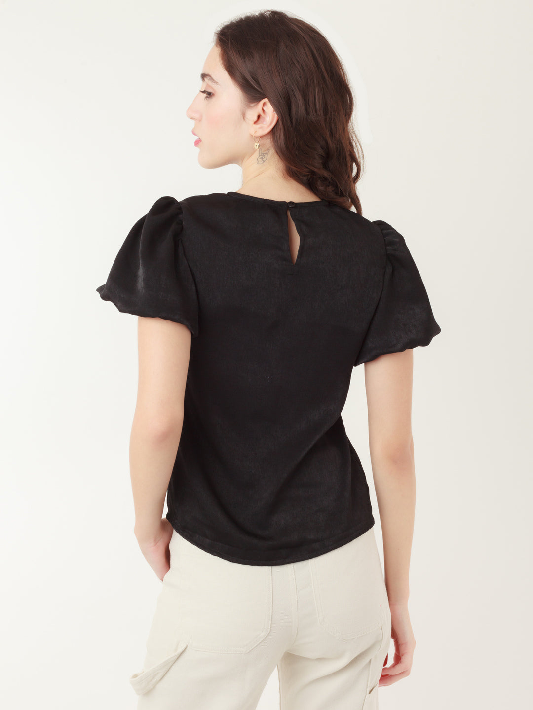 Black Solid Puff Sleeve Top for Women