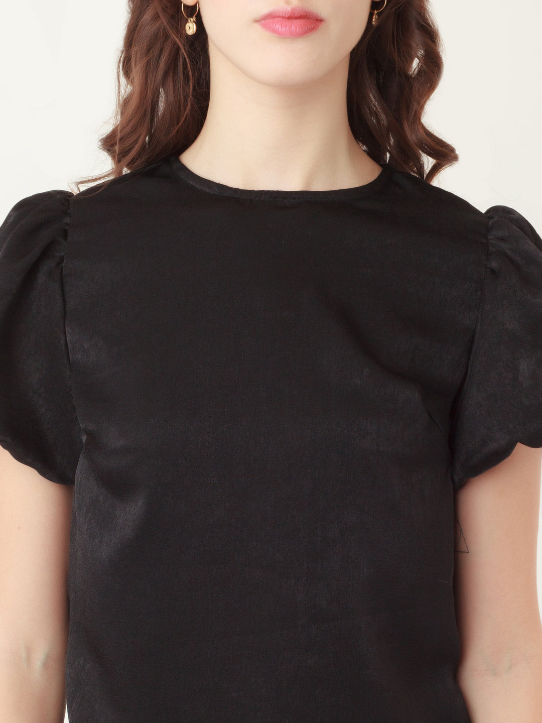 Black Solid Puff Sleeve Top