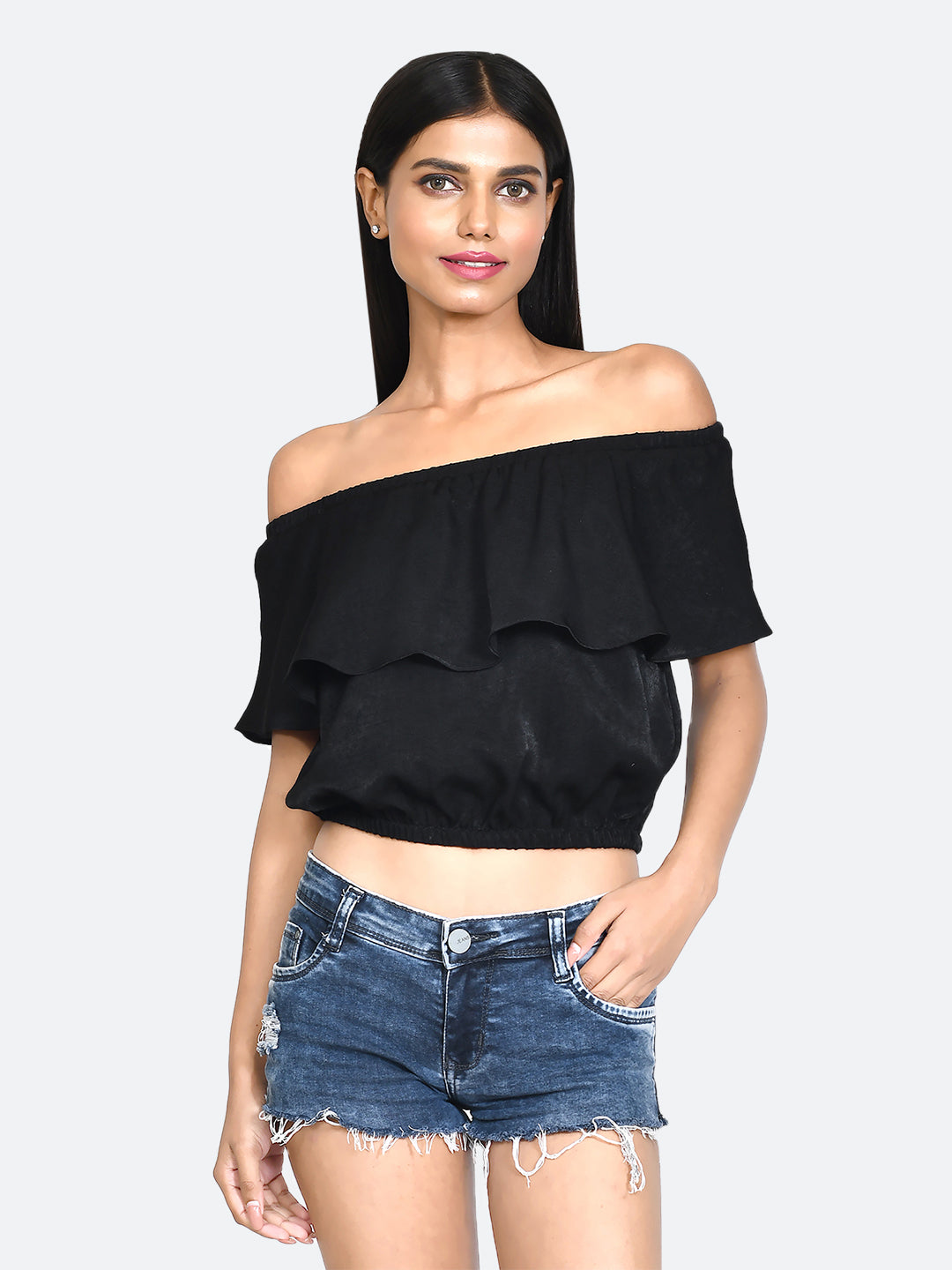 Black Solid Off-shoulder Top