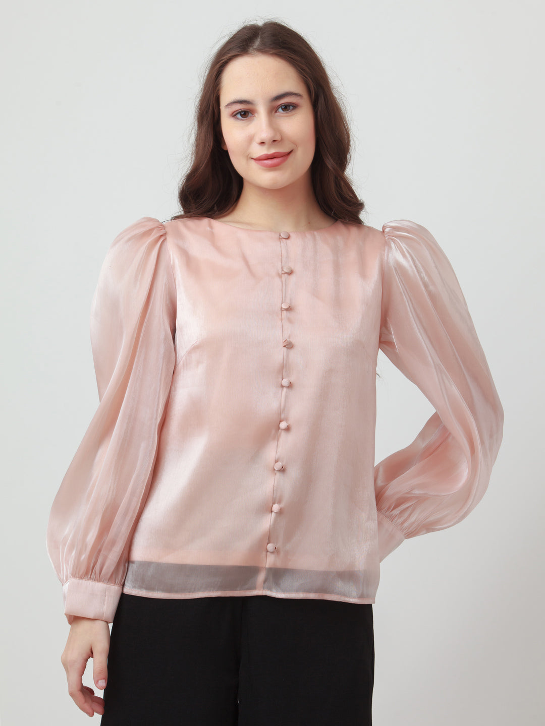 Pink Solid Puff Sleeve Top