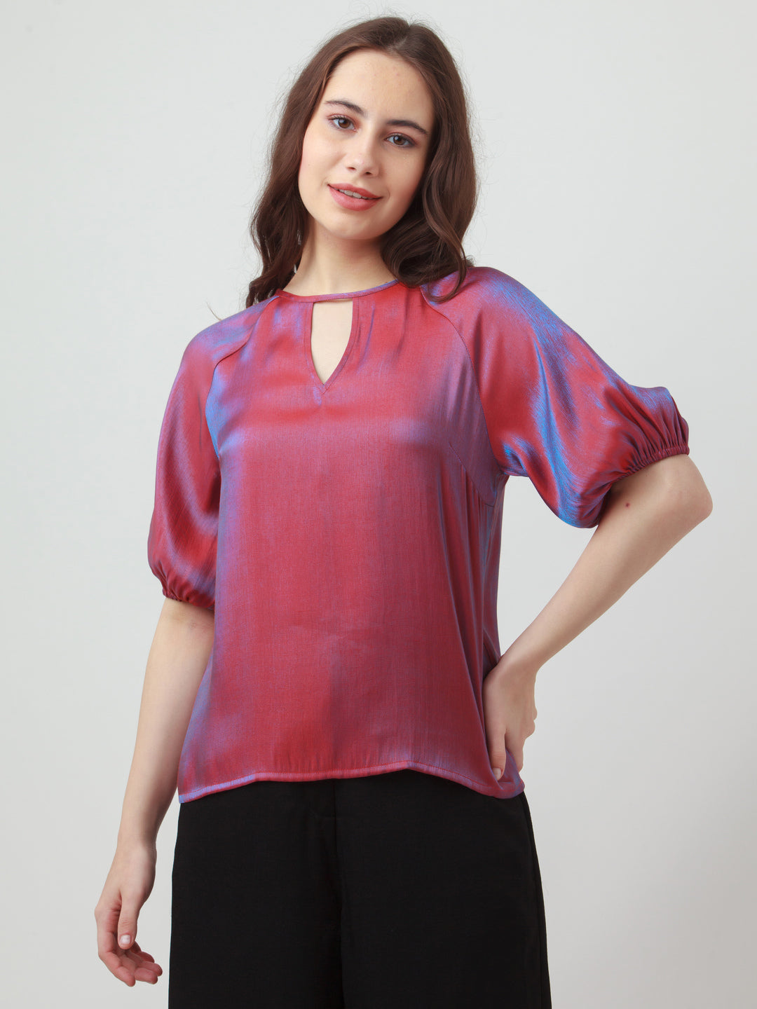 Red Solid Puff Sleeve Top