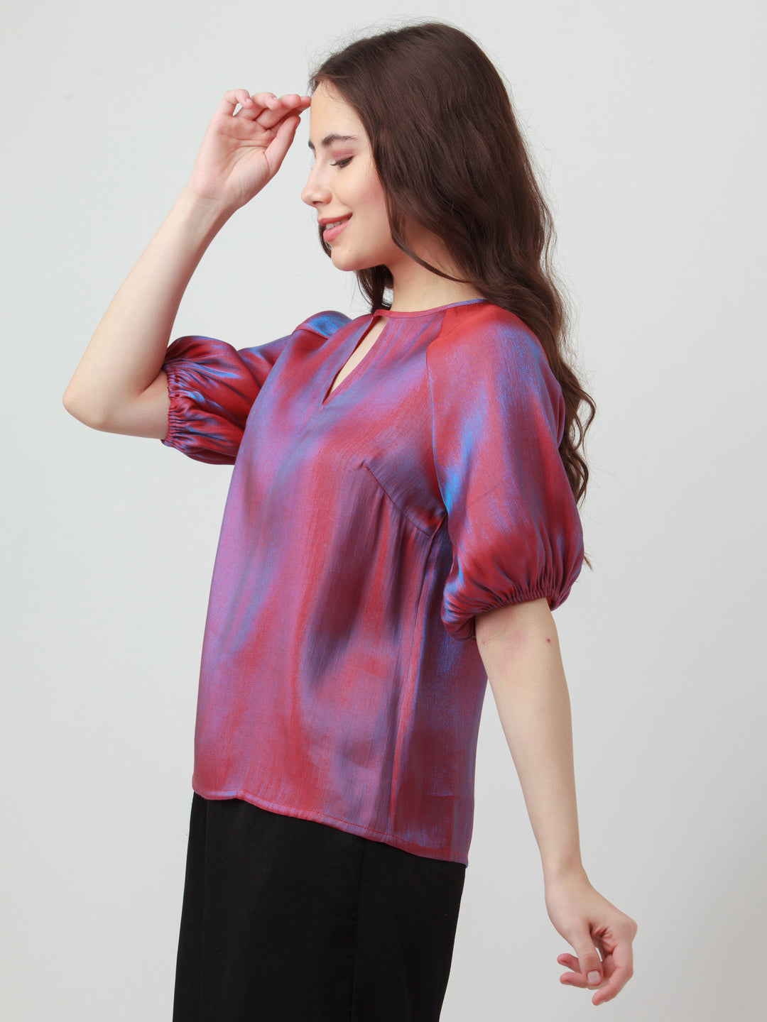 Red Solid Puff Sleeve Top