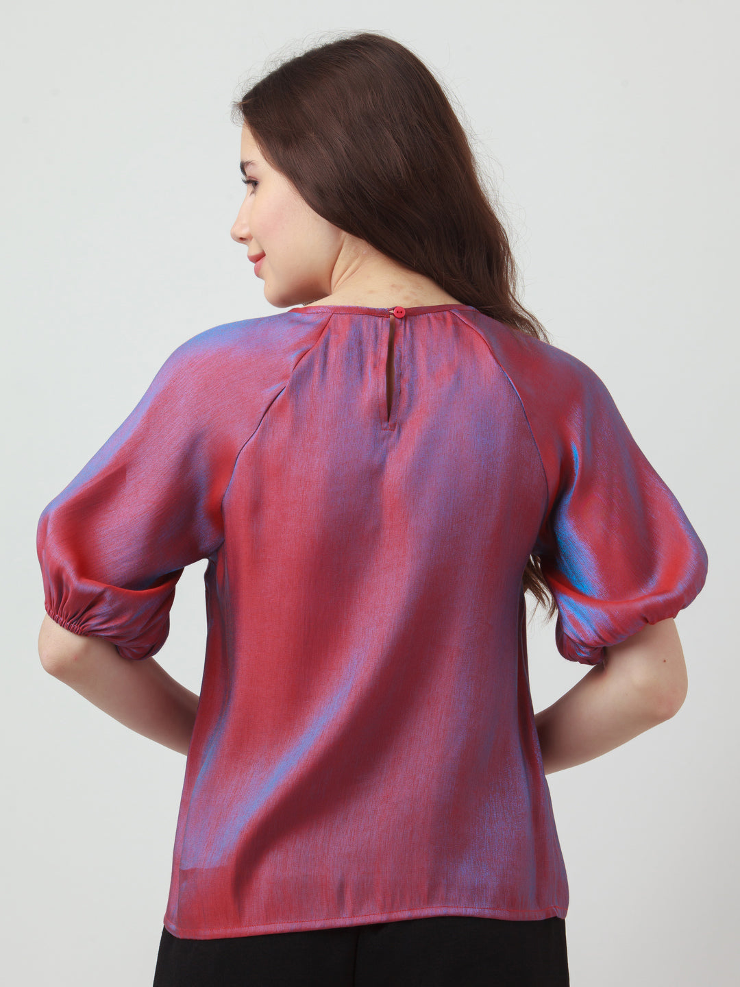 Red Solid Puff Sleeve Top For Women
