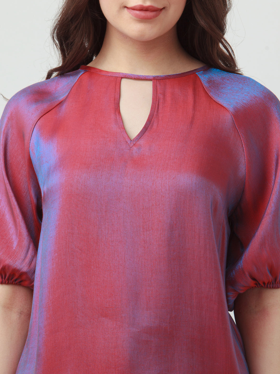 Red Solid Puff Sleeve Top