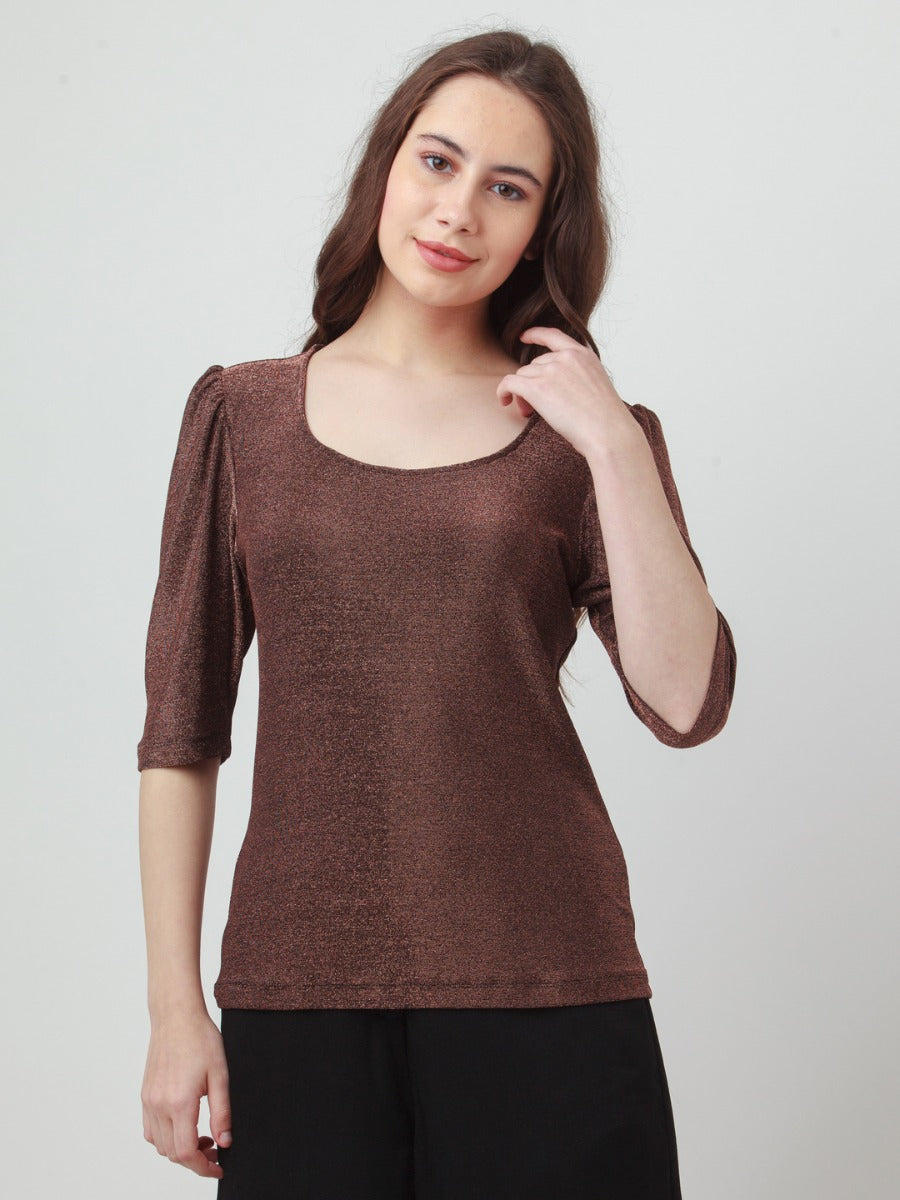 Brown Shimmer Puff Sleeve Top