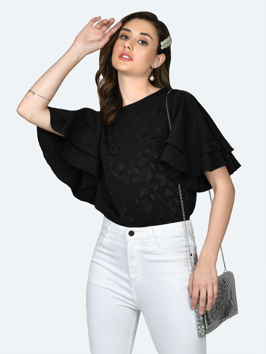 Black Self Design Flared Sleeve Top