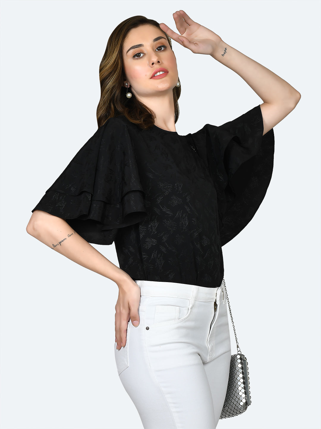 Black Self Design Flared Sleeve Top