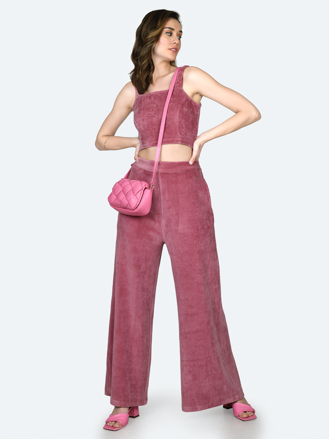 Pink Solid Crop Top For Women