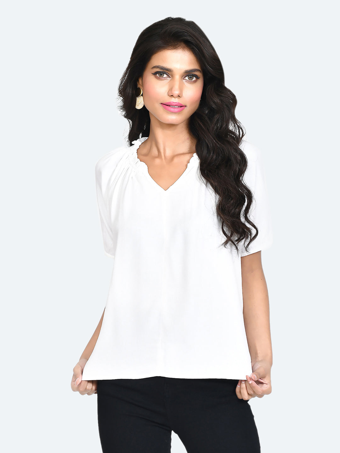 White Solid Gathered Top