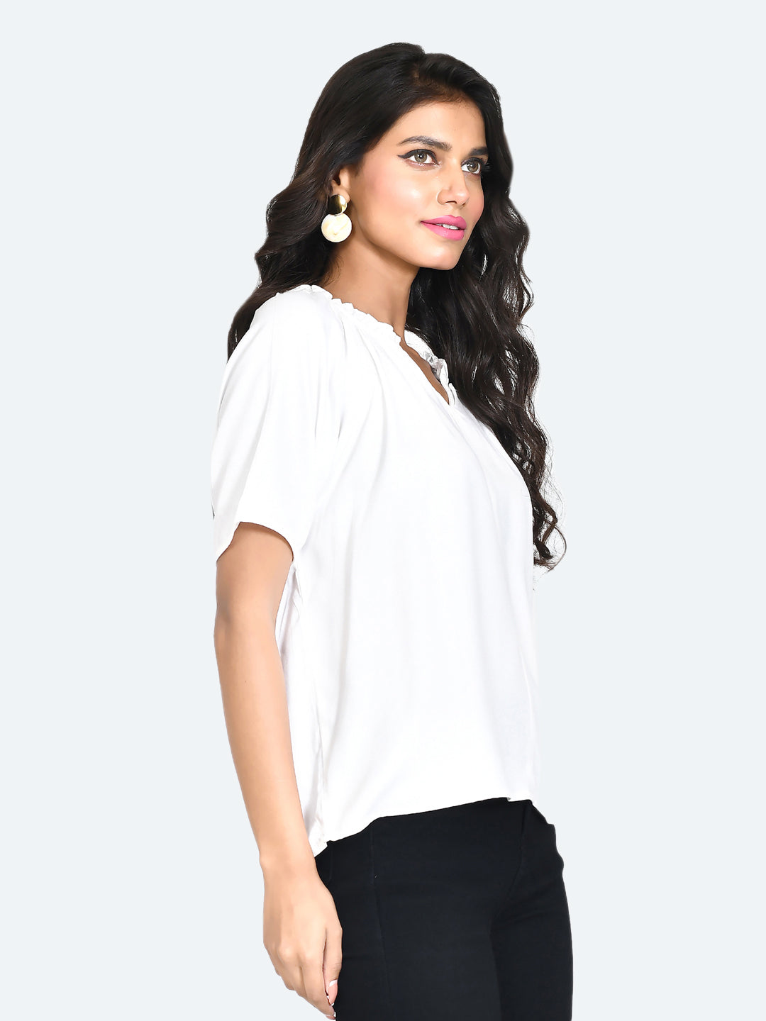 White Solid Gathered Top