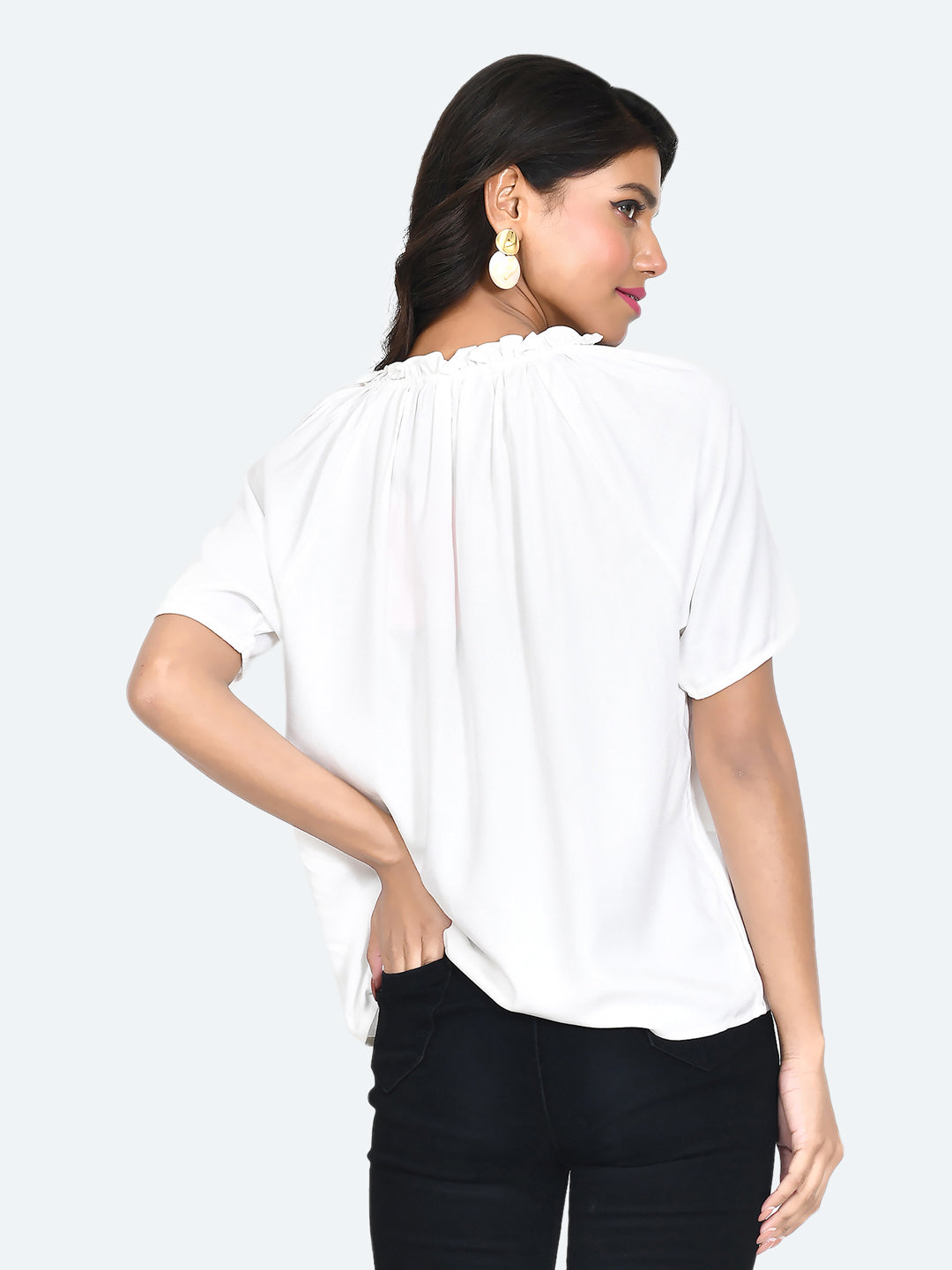 White Solid Gathered Top