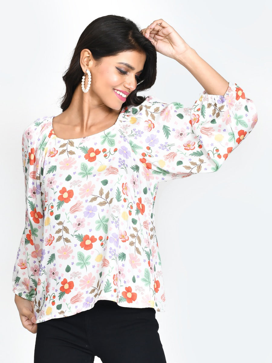 White Printed Puff Sleeve Top