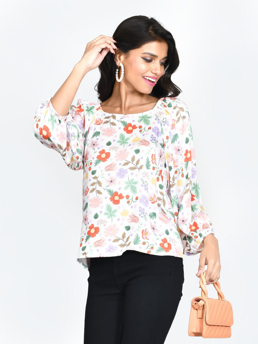 White Printed Puff Sleeve Top