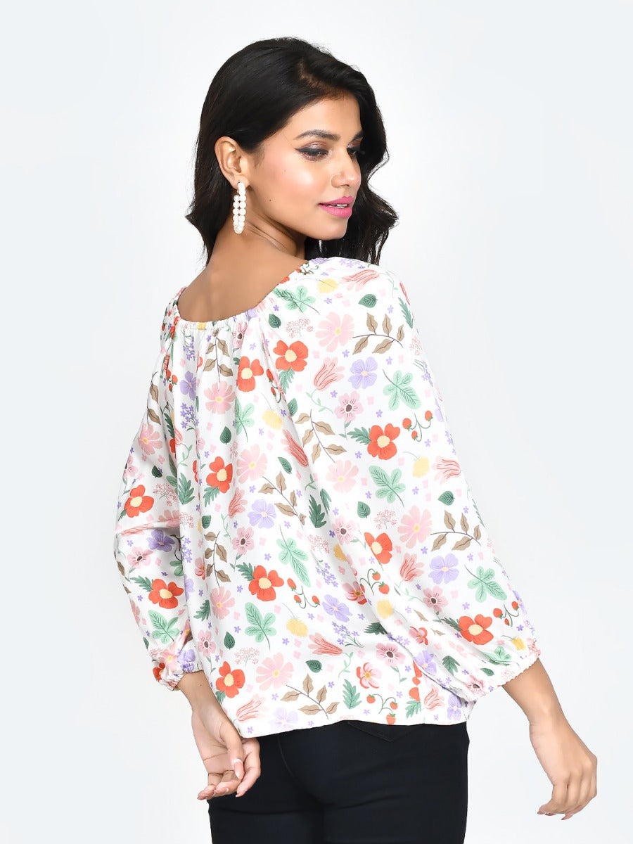 White Printed Puff Sleeve Top