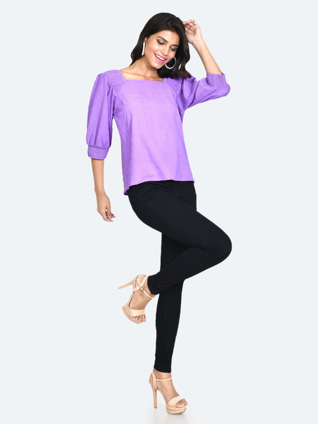 Purple Self Design Puff Sleeve Top For Women
