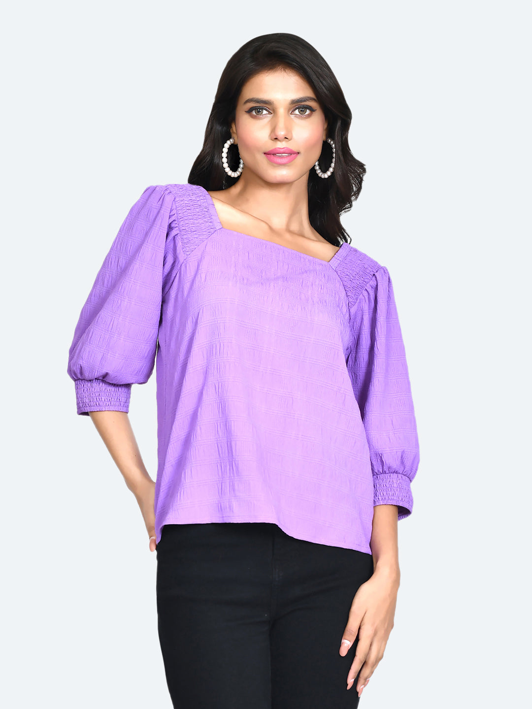 Purple Self Design Puff Sleeve Top