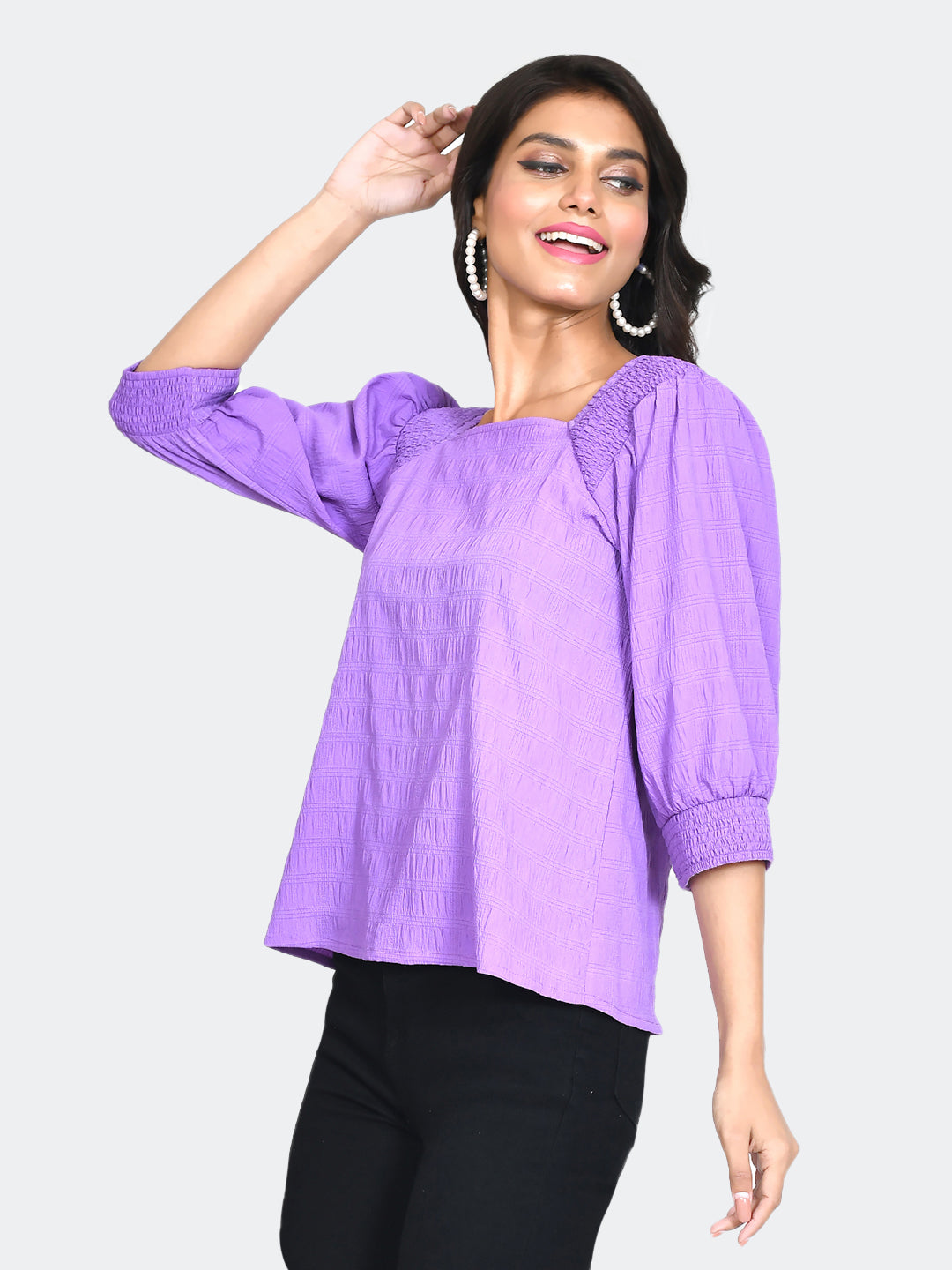 Purple Self Design Puff Sleeve Top