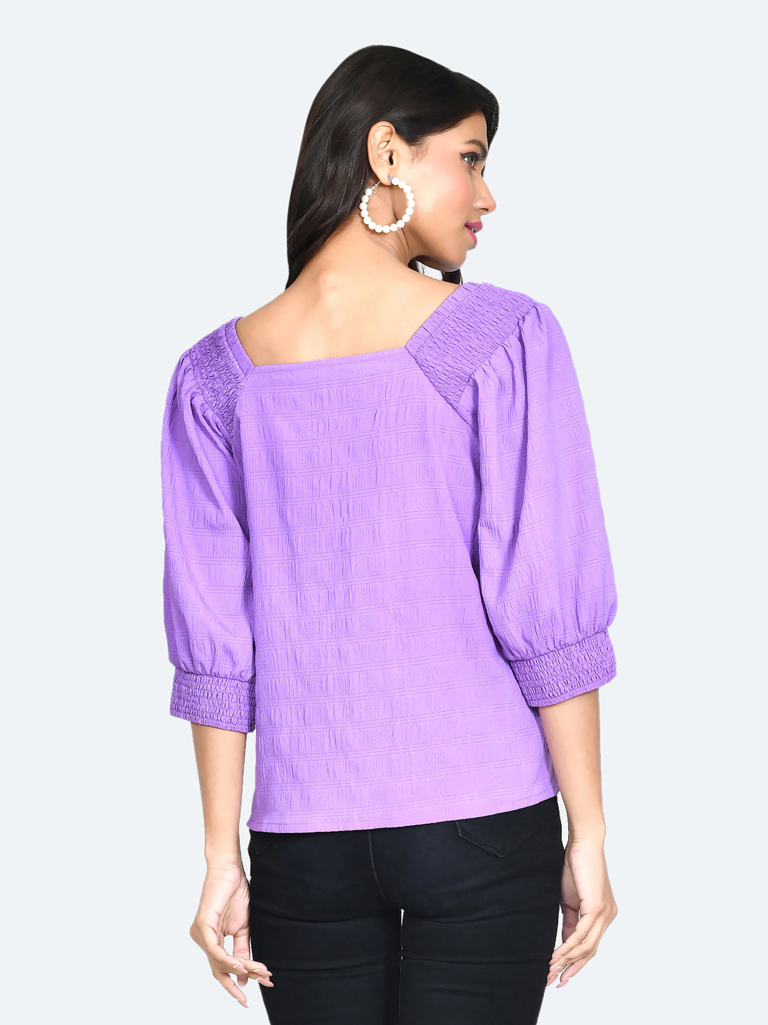 Purple Self Design Puff Sleeve Top