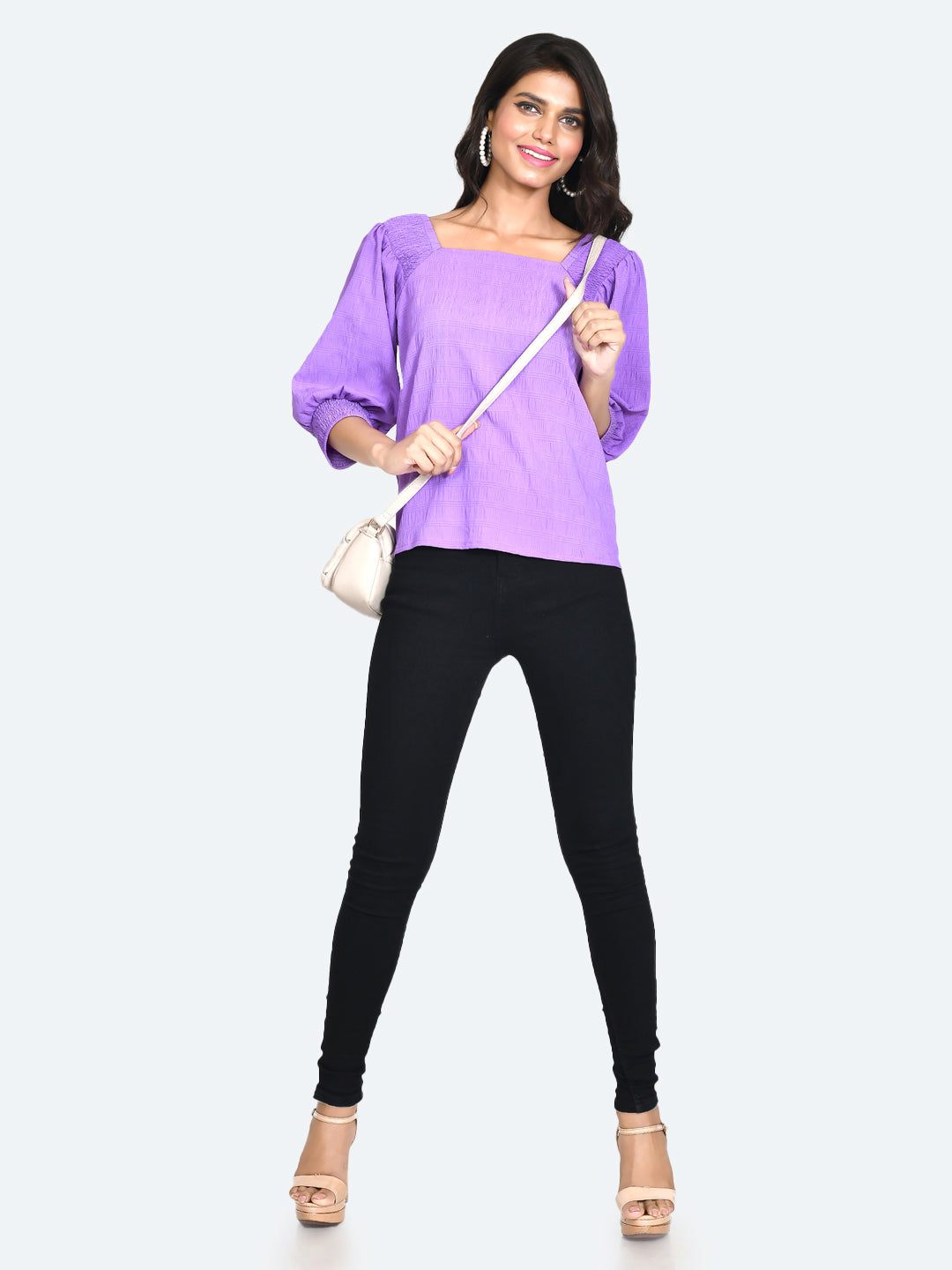 Purple Self Design Puff Sleeve Top