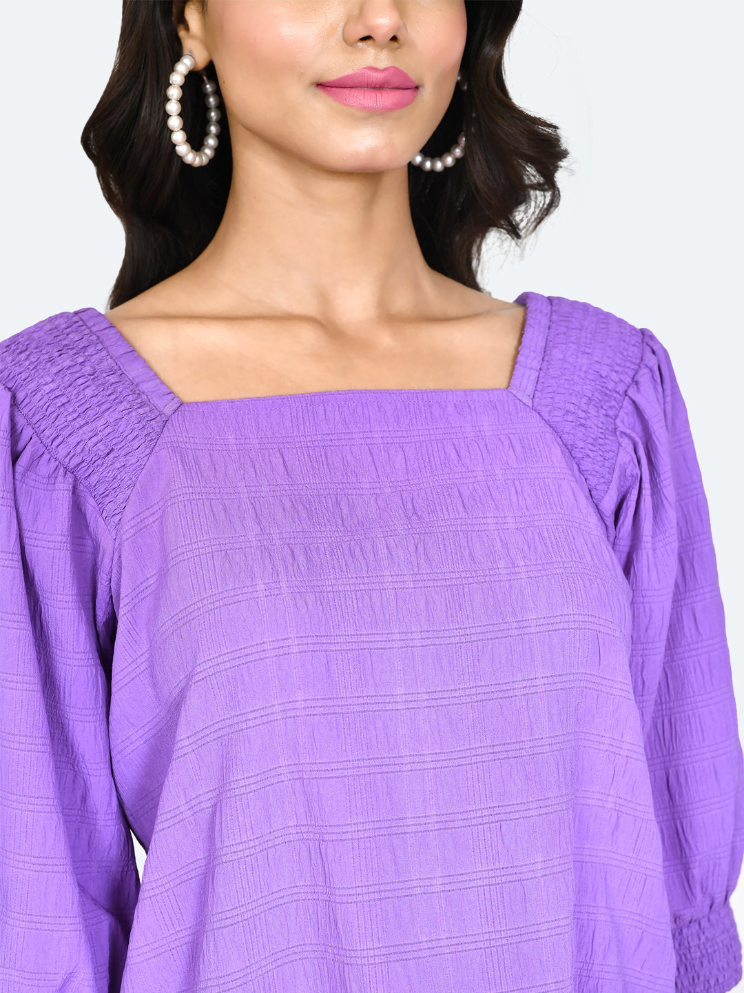 Purple Self Design Puff Sleeve Top