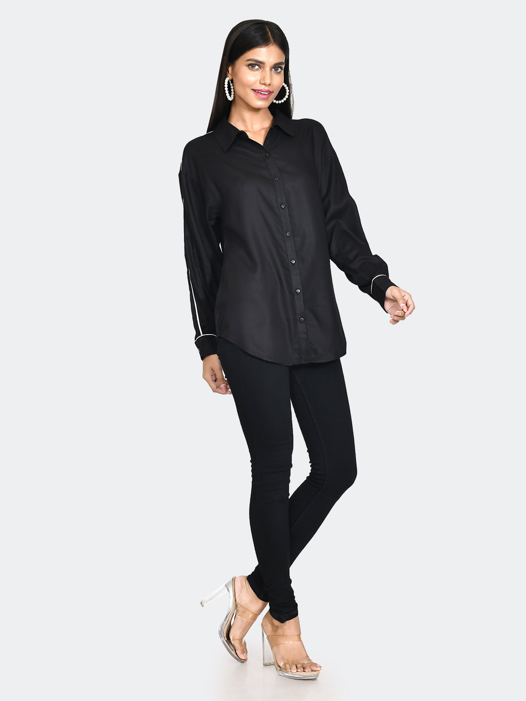 Black Solid Oversized Shirt For Women