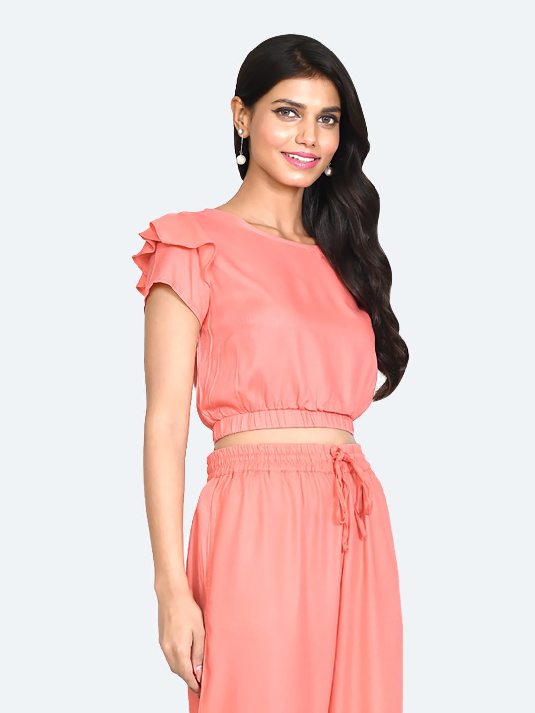 Coral Solid Tiered Top For Women