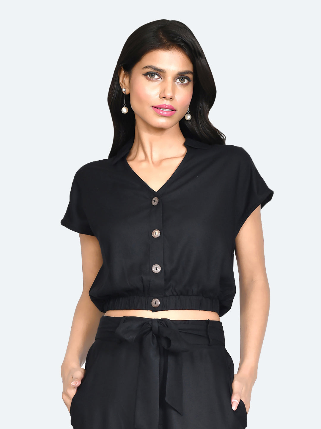 Black Solid Buttoned Top