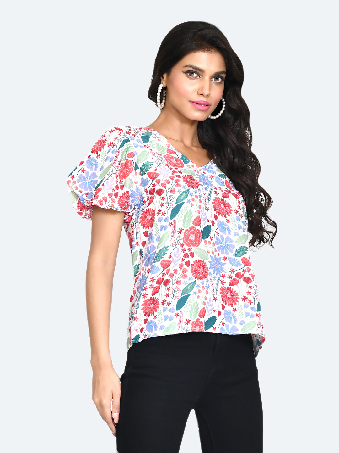 Multi Colored Printed Puff Sleeve Top