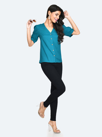 Green Solid Puff Sleeve Top For Women