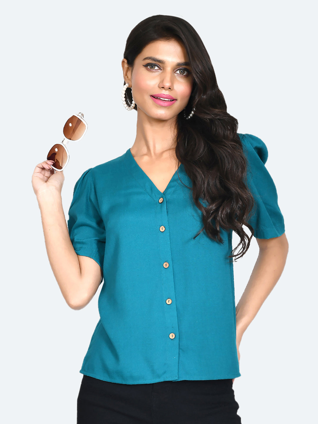 Green Solid Puff Sleeve Top