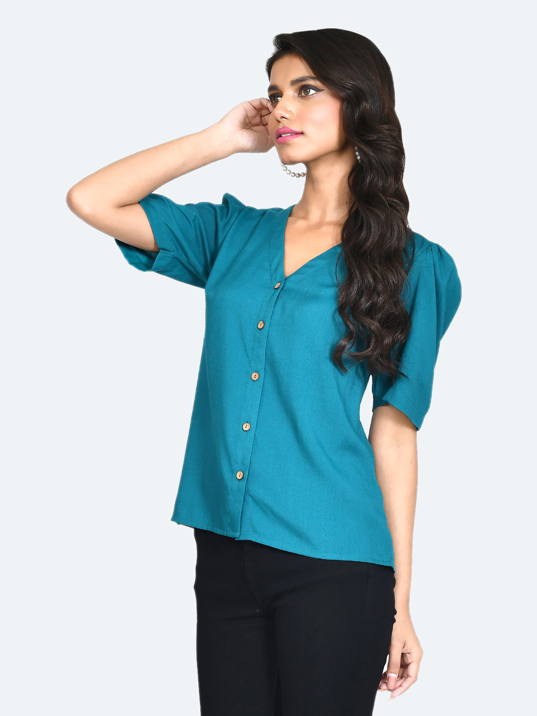 Green Solid Puff Sleeve Top