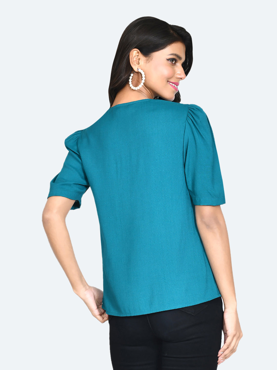 Green Solid Puff Sleeve Top