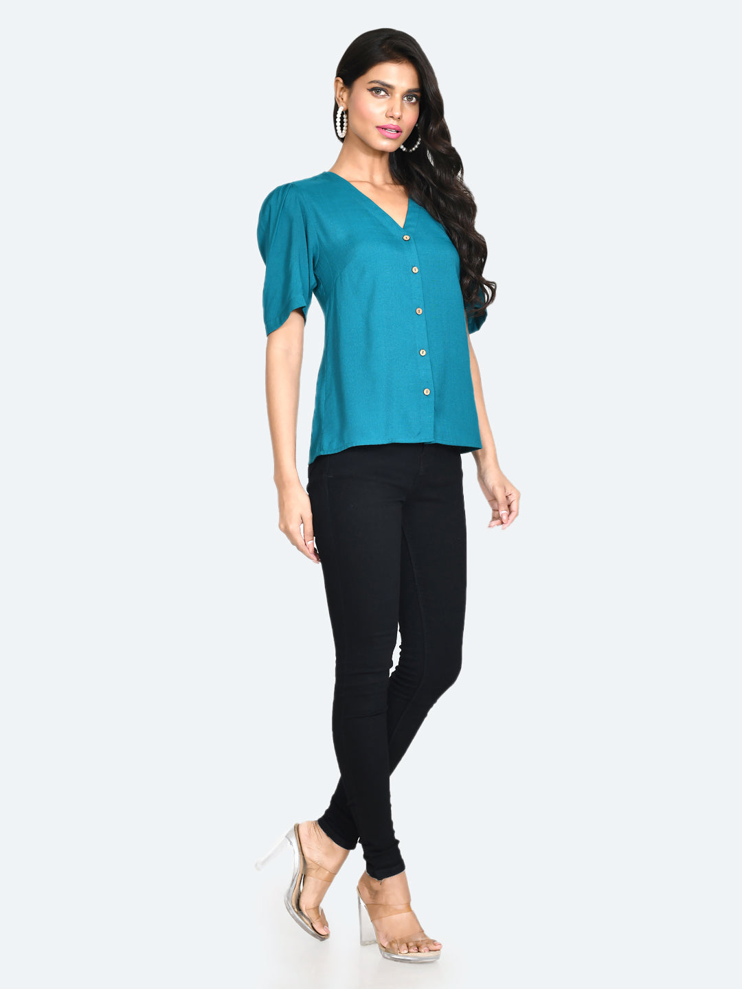 Green Solid Puff Sleeve Top