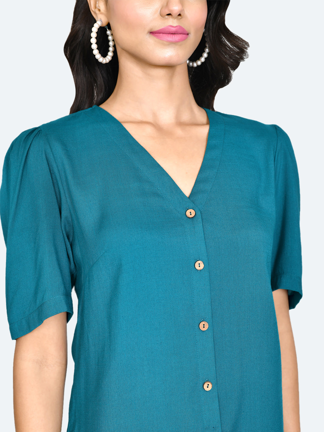 Green Solid Puff Sleeve Top