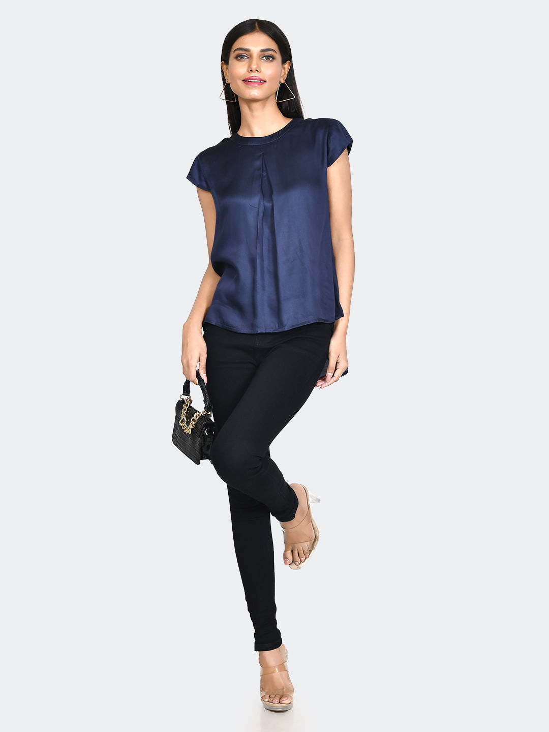 Blue Solid Pleated Top