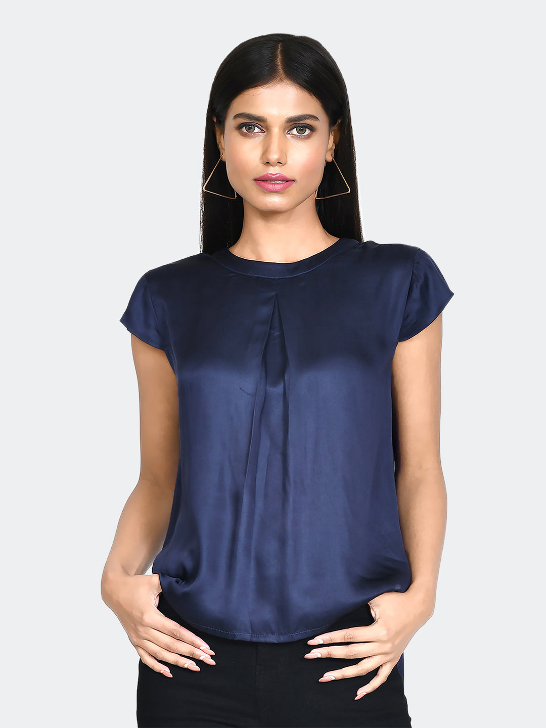 Blue Solid Pleated Top For Women
